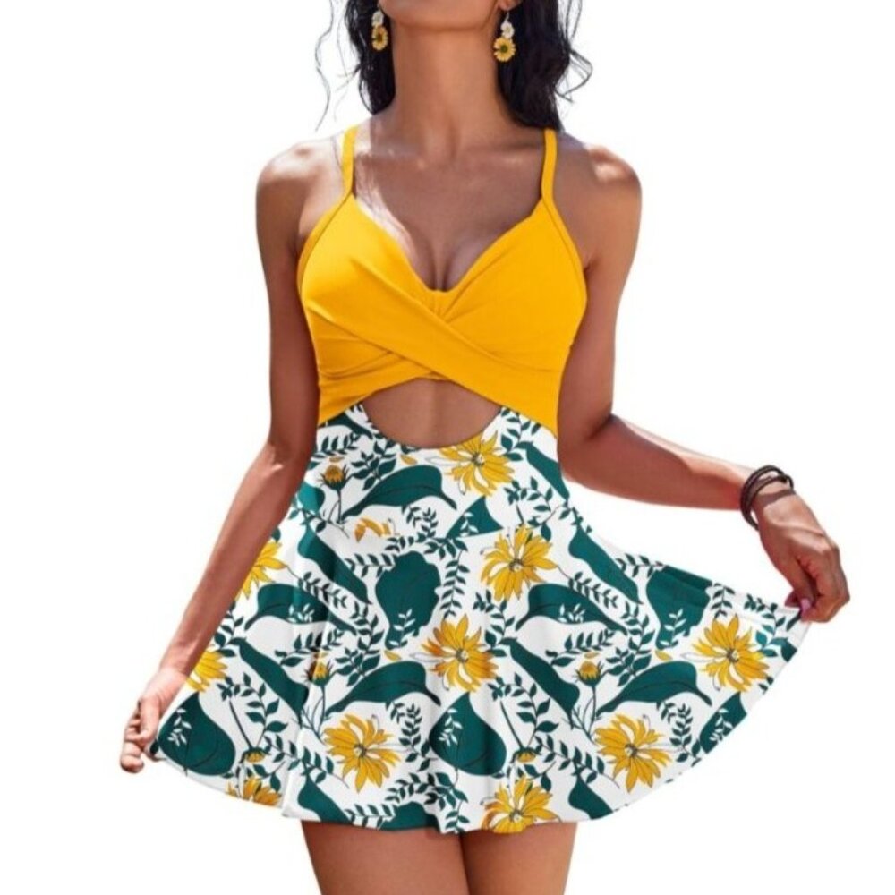 Womens 2XL Floral Print Backless Swimdress Tummy Control Beach Pool Sexy